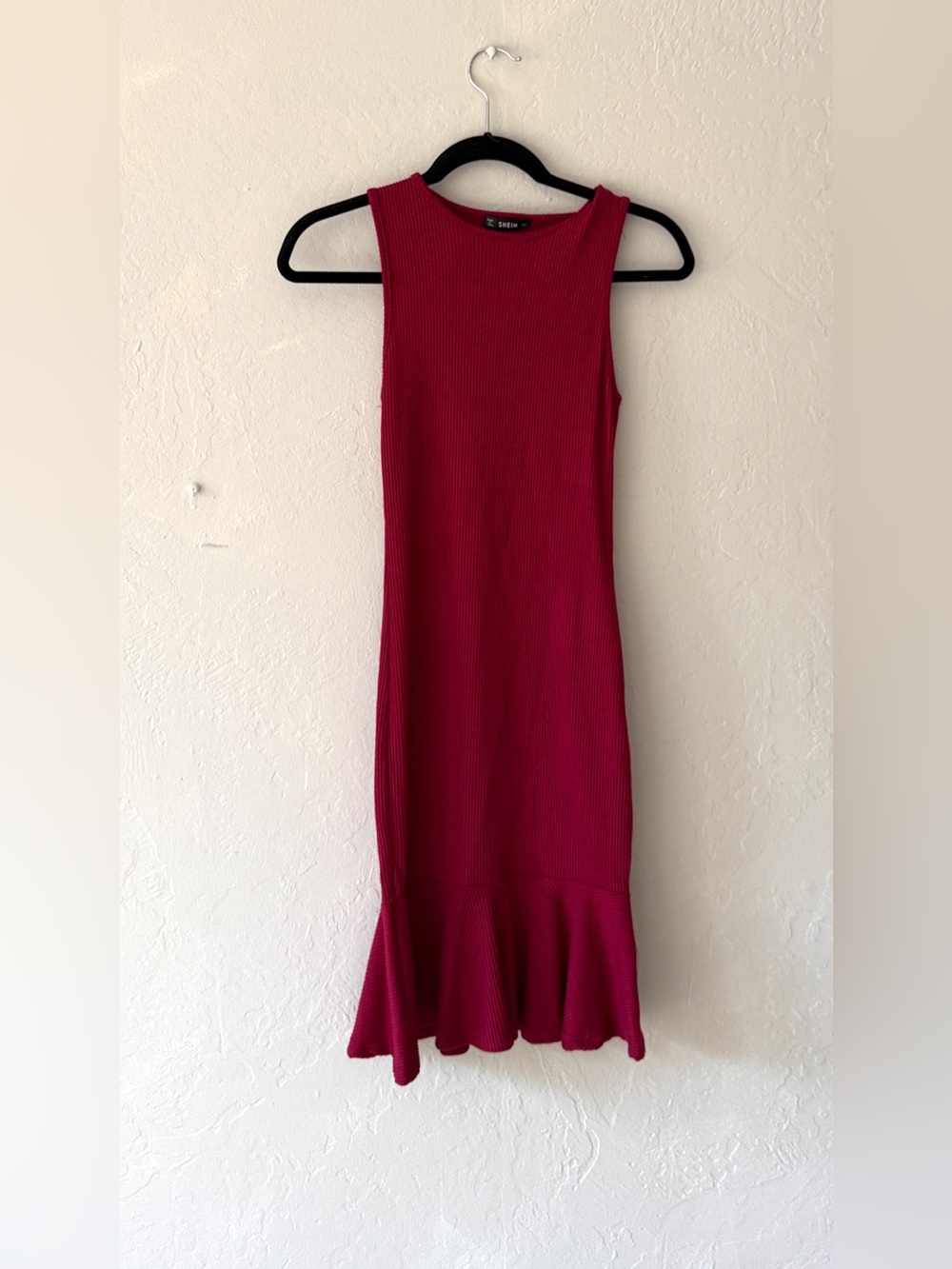 NEW. Sleeveless Ribbed Red Dress with Ruffle Hem